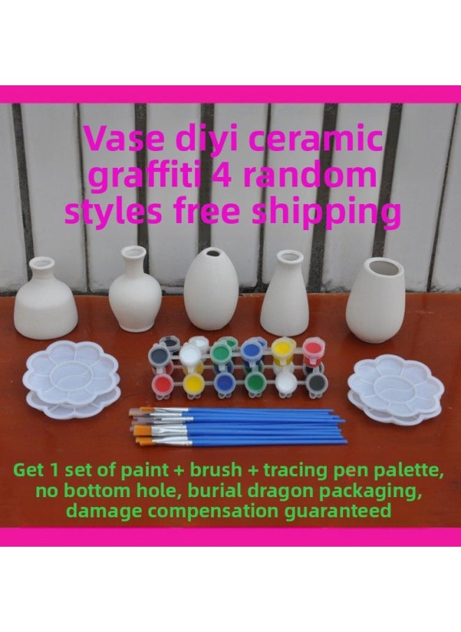 Generic - Ceramic Vase Ceramic Art Fleshy Flower Pot Painted Hand-painted White Embryo Mold Parent-child Children's Graffiti Vase-Color:19-20 Vase Comes With 2 Paints + Tools - Image 1