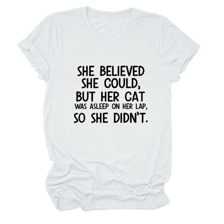 She Believed She C Letter Printed Loose T-Shirt Versatile and Comfortable Short Sleeves - Image 1