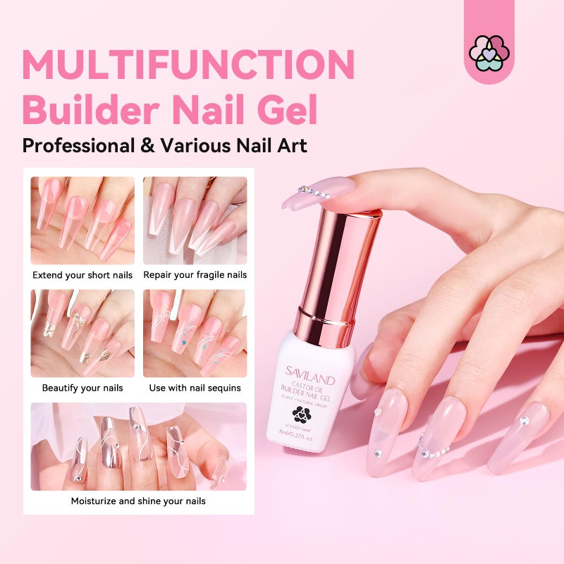 SAVILAND Gel Builder Set: 12 Translucent Colors Castor Oil Builder in a Bottle Vitamin E Hard Gel for Nails Extension Strengthener as Gifts for Women Home DIY Salon Nail Care Repair - Image 2