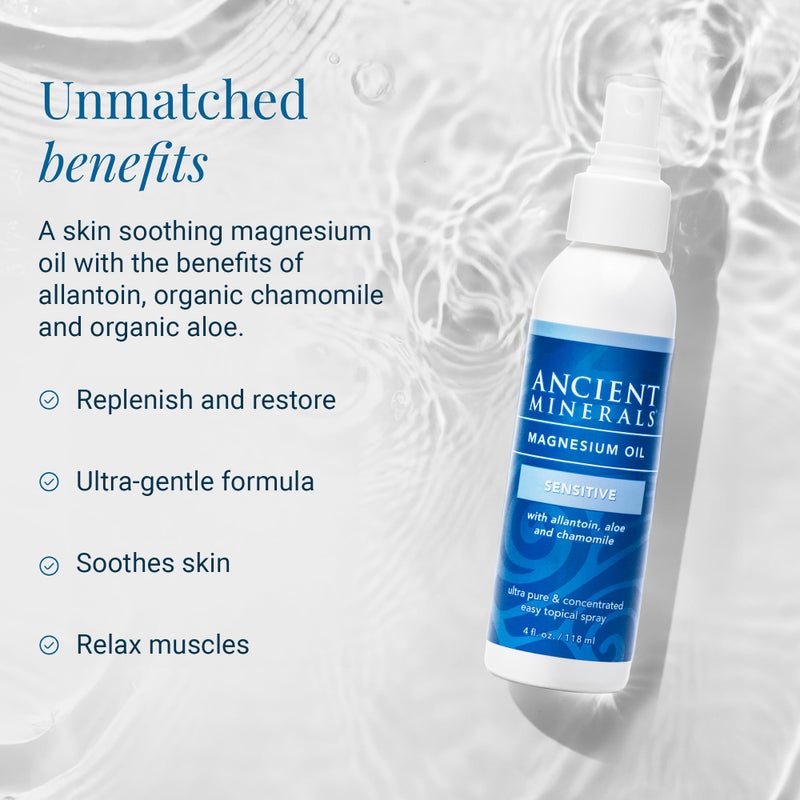 Ancient Minerals Magnesium Oil Spray Sensitive All-New Sensitive Formula with Allantoin, Organic Chamomile, and Organic Aloe Vera (4oz) - Image 3