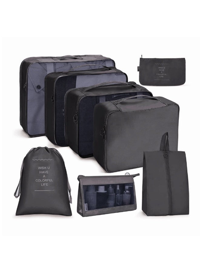 Nexso Black Travel Organizer 8Pcs Set | Includes Packing Bags, Waterproof Packing Cubes, Toiletry & Shoe Bags – Compression Design for Luggage, Durable and Breathable Mesh for Easy Organization - Image 1