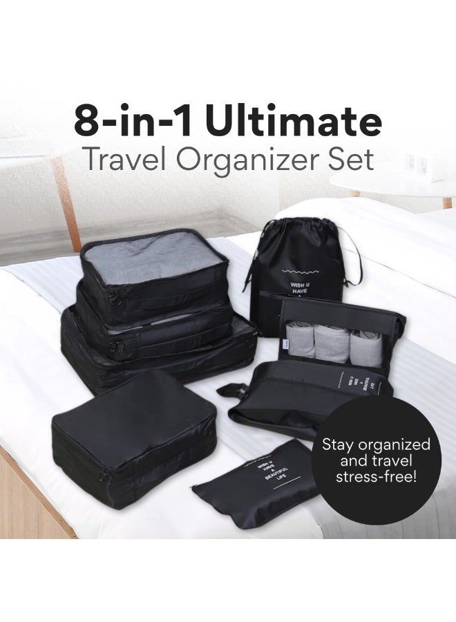 Nexso Black Travel Organizer 8Pcs Set | Includes Packing Bags, Waterproof Packing Cubes, Toiletry & Shoe Bags – Compression Design for Luggage, Durable and Breathable Mesh for Easy Organization - Image 2