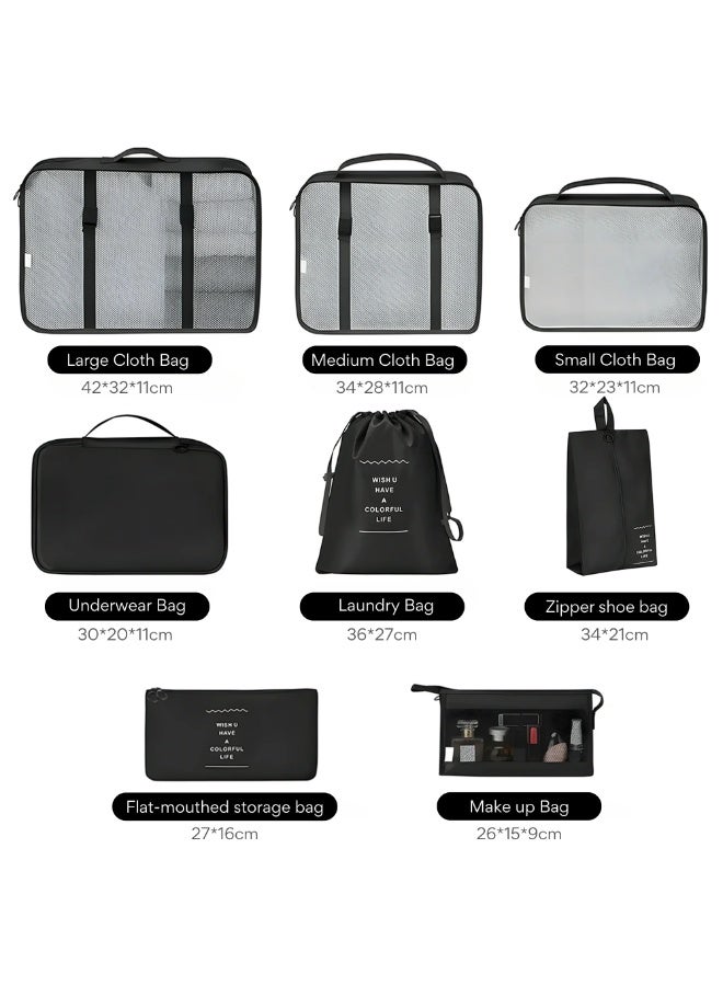 Nexso Black Travel Organizer 8Pcs Set | Includes Packing Bags, Waterproof Packing Cubes, Toiletry & Shoe Bags – Compression Design for Luggage, Durable and Breathable Mesh for Easy Organization - Image 3