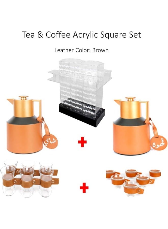 Lamsit Ibdaa Coffee Thermo Flask – Tea Vacuum Pot - Heat Insulated Thermos – Arabic Carafe – Jug Dalla – Drink Cups – Square Acrylic Set (Brown, Tea & Coffee Set) - Image 4