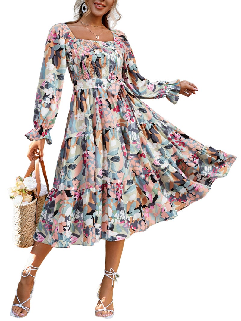 Amegoya Womens Spring Floral Long Sleeve Dress Square Neck Smocked Tiered Flowy Maxi Dresses for Wedding Guest (Green Pink S) - Image 1