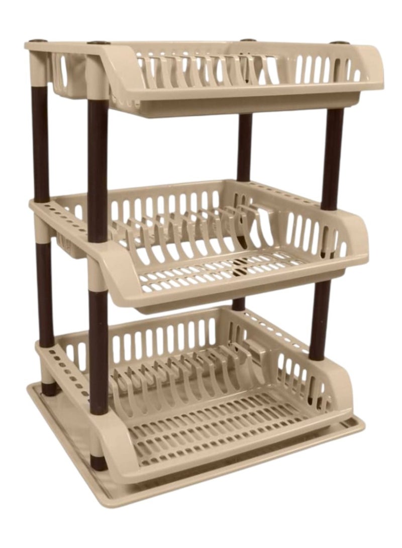 بلاستيكنا مجفف الأطباق 3 رفوف، مصنوع من البلاستيك عالي الجودة، مزود بصينية سفلى لتجميع الماء الزائد، لون بيج - Image 1