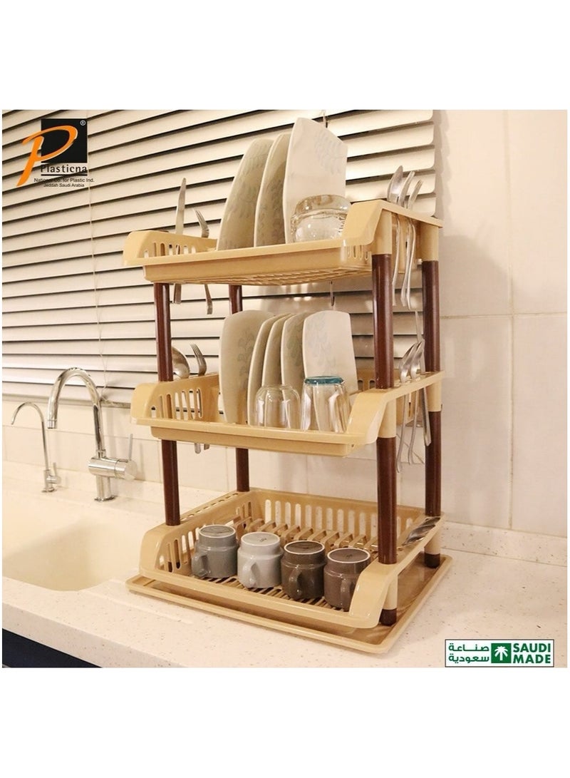 بلاستيكنا مجفف الأطباق 3 رفوف، مصنوع من البلاستيك عالي الجودة، مزود بصينية سفلى لتجميع الماء الزائد، لون بيج - Image 3