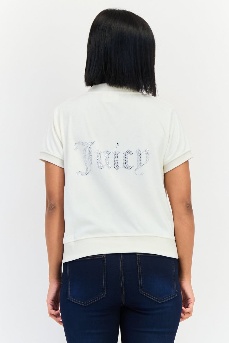 Juicy Couture Women Baseball Collar Brand Logo Short Sleeves Sweatshirt, Off White - Image 4