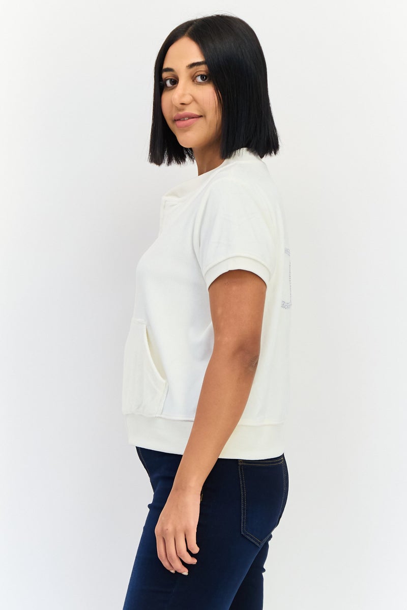 Juicy Couture Women Baseball Collar Brand Logo Short Sleeves Sweatshirt, Off White - Image 3