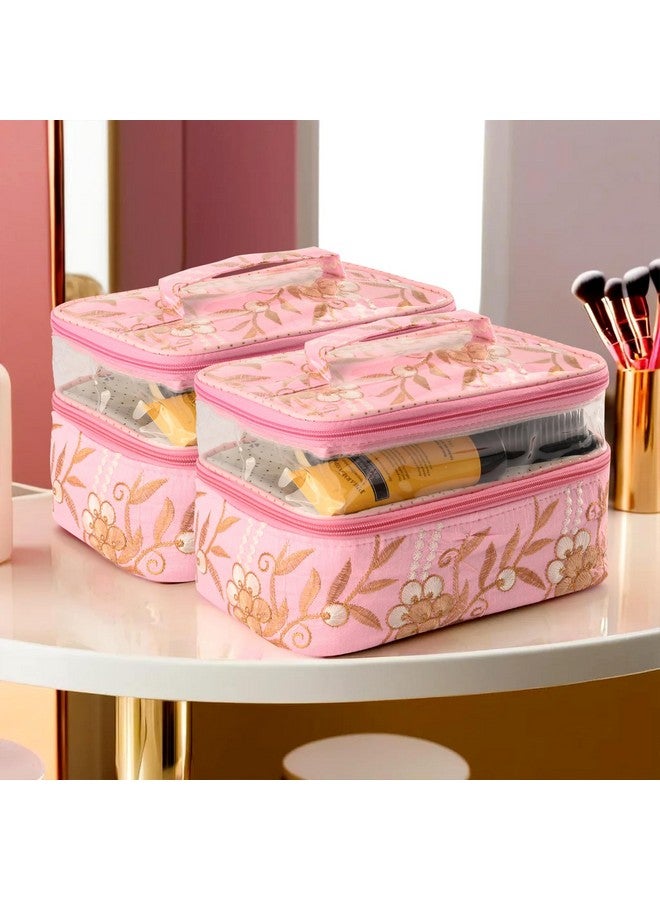 Hearts Pack Of 2 Travel Storage Organizer | Dual Layer Cosmetic Bag With Handle | Visible Window Jewellery Kit | Toiletries Storage Bag | Travel Makeup Pouch | Embroidery Design | Pink - Image 1
