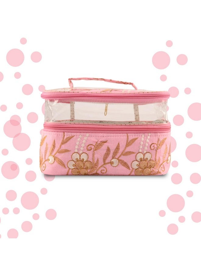 Hearts Pack Of 2 Travel Storage Organizer | Dual Layer Cosmetic Bag With Handle | Visible Window Jewellery Kit | Toiletries Storage Bag | Travel Makeup Pouch | Embroidery Design | Pink - Image 2