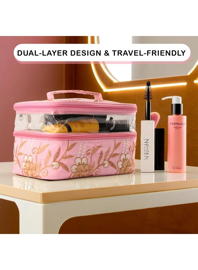 Hearts Pack Of 2 Travel Storage Organizer | Dual Layer Cosmetic Bag With Handle | Visible Window Jewellery Kit | Toiletries Storage Bag | Travel Makeup Pouch | Embroidery Design | Pink - Image 4