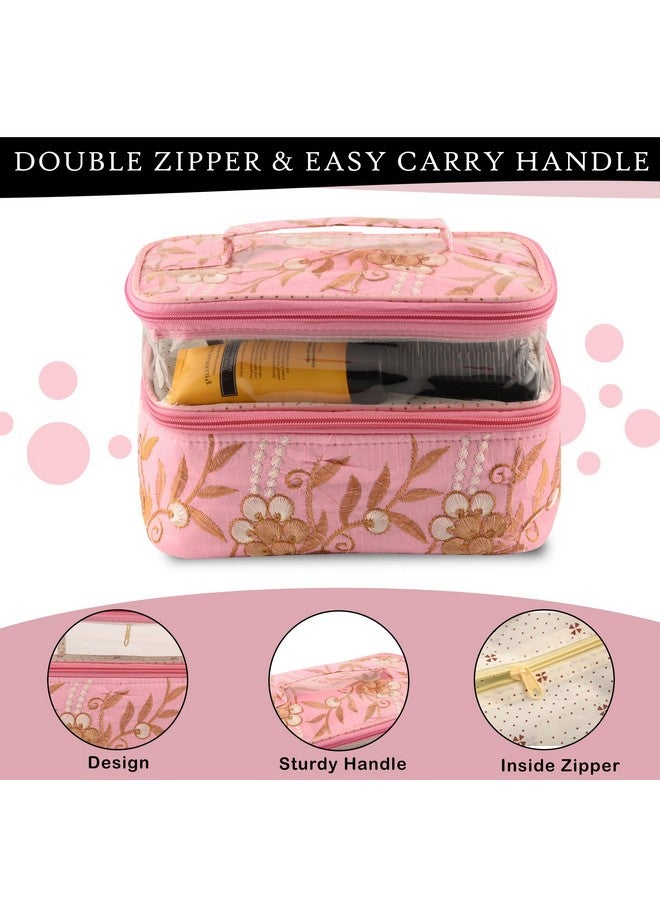 Hearts Pack Of 2 Travel Storage Organizer | Dual Layer Cosmetic Bag With Handle | Visible Window Jewellery Kit | Toiletries Storage Bag | Travel Makeup Pouch | Embroidery Design | Pink - Image 5