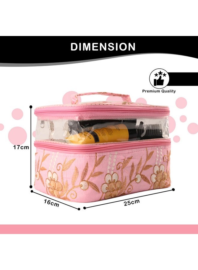 Hearts Pack Of 2 Travel Storage Organizer | Dual Layer Cosmetic Bag With Handle | Visible Window Jewellery Kit | Toiletries Storage Bag | Travel Makeup Pouch | Embroidery Design | Pink - Image 3