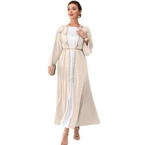IDOPIP Muslim Abayas for Women Long Sleeve Open Front Cardigan with Belt Rhinestone Applique Maxi Kaftan Dress Islamic Dubai Robe Middle East Loose Full Cover Ramadan Prayer Clothes Champagne XXL - Image 1