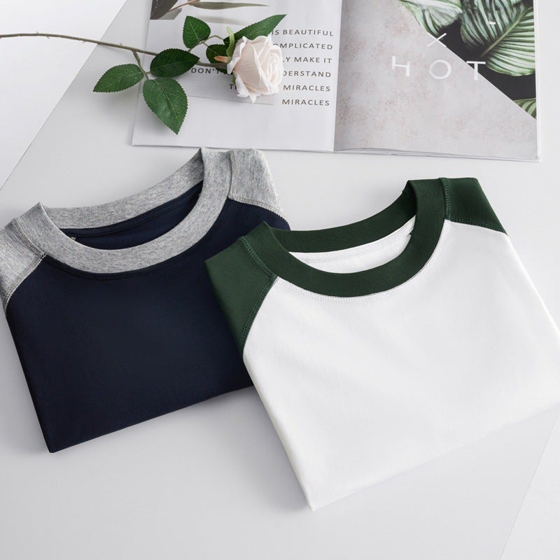 Summer new 230g ice cool sunscreen short sleeve T-shirt womens Japanese retro loose raglan sleeve contrast T-shirt top white green - Image 5