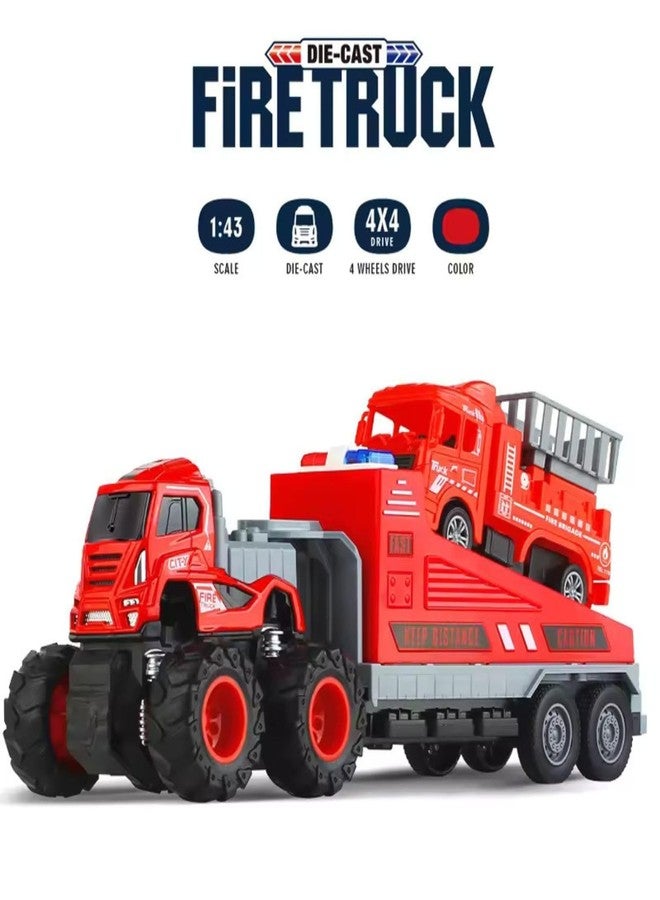 DEOXY Pack of 2 Diecast Alloy Construction Oil Tanker and fire Truck Transport Truck Toy Set with Frionction Powered Educational Building Toys for Toddlers, Boys & Girls - Image 3