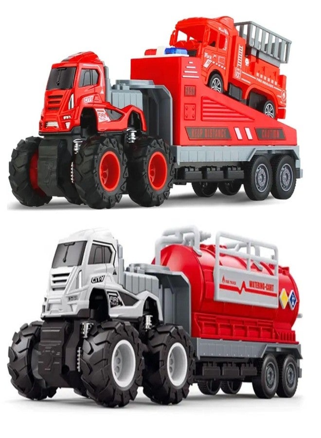 DEOXY Pack of 2 Diecast Alloy Construction Oil Tanker and fire Truck Transport Truck Toy Set with Frionction Powered Educational Building Toys for Toddlers, Boys & Girls - Image 1