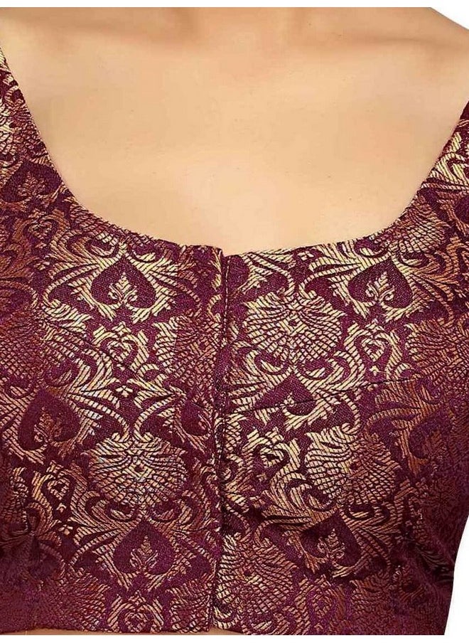 Studio Shringaar - Studio Shringaar Women's Benaras Brocade Short Sleeves Readymade Saree Blouse,(Dark Maroon,36) - Image 1