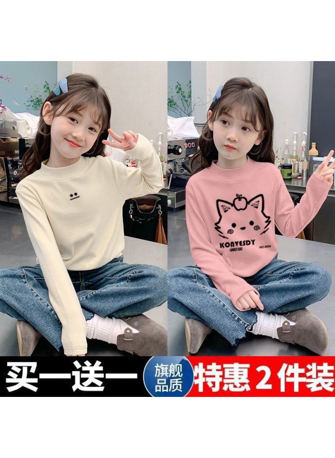Girls' Double-sided Velvet Long-sleeved T-shirt New Medium And Large Children's Outer Wear Pullover Half Turtleneck Warm Base Layer Shirt
