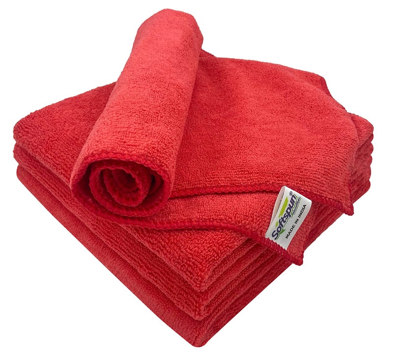 SOFTSPUN Microfiber Cloth - 4 pcs - 40x40 cms - 340 GSM Red - Thick Lint & Streak-Free Multipurpose Cloths - Automotive Microfibre Towels for Car Bike Cleaning Polishing Washing & Detailing… - Image 1