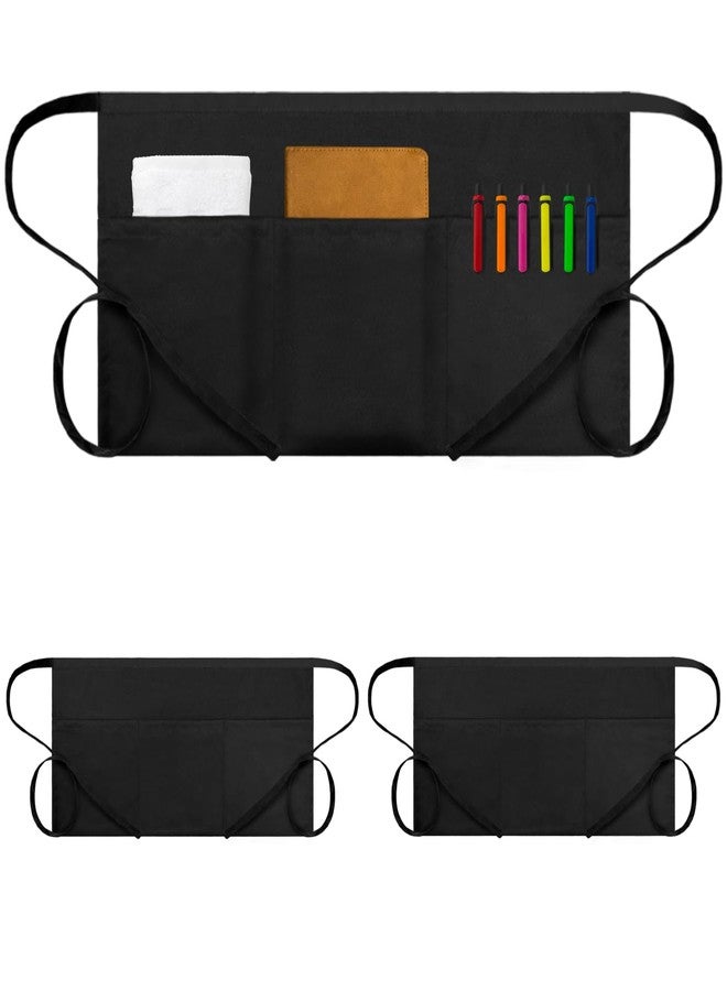Bozenu 3 Pack Waitress Server Apron with 3 Pockets, Water Resistant Black Half Waist Apron with Pockets, 12 Inch Waist Server Aprons for Women or Men with 3 Pockets - Image 1