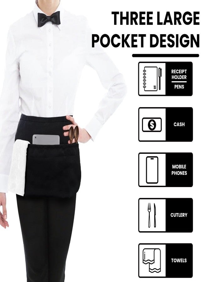 Bozenu 3 Pack Waitress Server Apron with 3 Pockets, Water Resistant Black Half Waist Apron with Pockets, 12 Inch Waist Server Aprons for Women or Men with 3 Pockets - Image 2