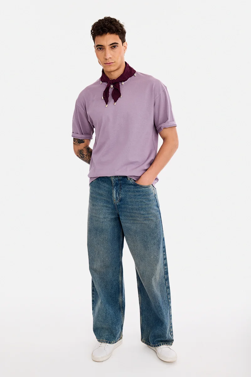 سنيتش Mauve Solid Half Sleeve Oversized T-Shirt