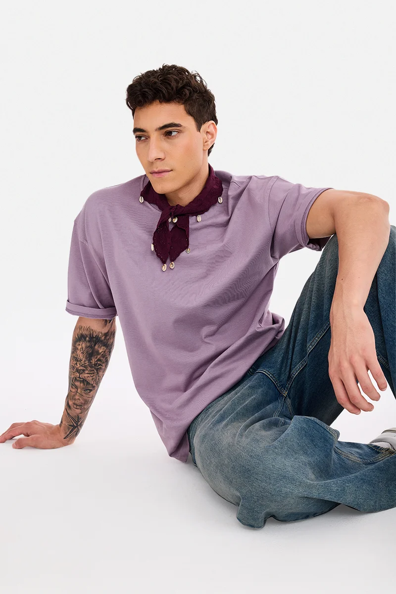 سنيتش Mauve Solid Half Sleeve Oversized T-Shirt