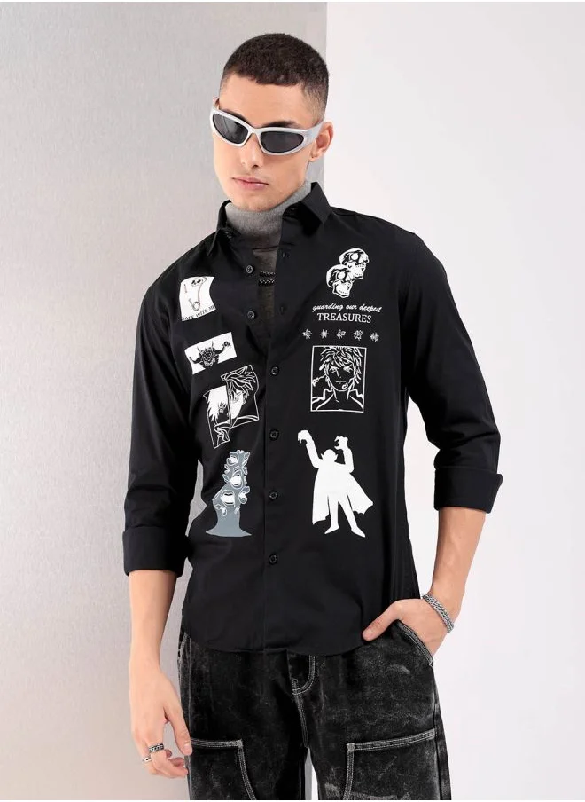 شركة المرآب الهندية Men Slim Fit Graphic Print Full Sleeves Cutaway Collar Casual Shirt