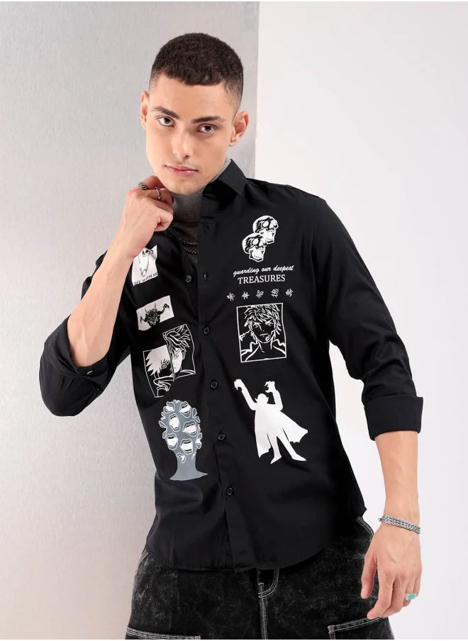 شركة المرآب الهندية Men Slim Fit Graphic Print Full Sleeves Cutaway Collar Casual Shirt