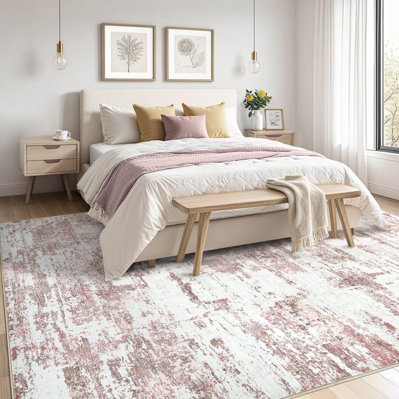 Jessibou Area Rugs for Living Room: 5x7 Abstract Washable Rug Modern Neutral Large Soft Stain Resistant Non-Slip Backing Machine Table for Bedroom Dining Room Indoor Home Office Carpet - Pink - Image 2