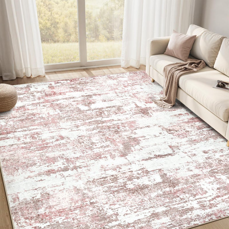 Jessibou Area Rugs for Living Room: 5x7 Abstract Washable Rug Modern Neutral Large Soft Stain Resistant Non-Slip Backing Machine Table for Bedroom Dining Room Indoor Home Office Carpet - Pink - Image 1
