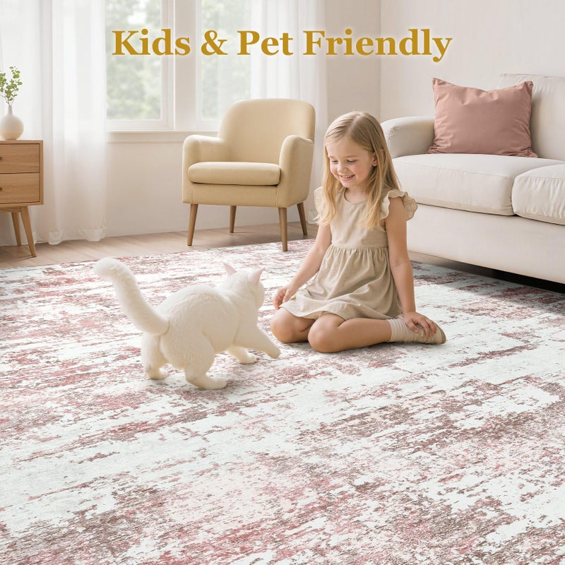 Jessibou Area Rugs for Living Room: 5x7 Abstract Washable Rug Modern Neutral Large Soft Stain Resistant Non-Slip Backing Machine Table for Bedroom Dining Room Indoor Home Office Carpet - Pink - Image 4