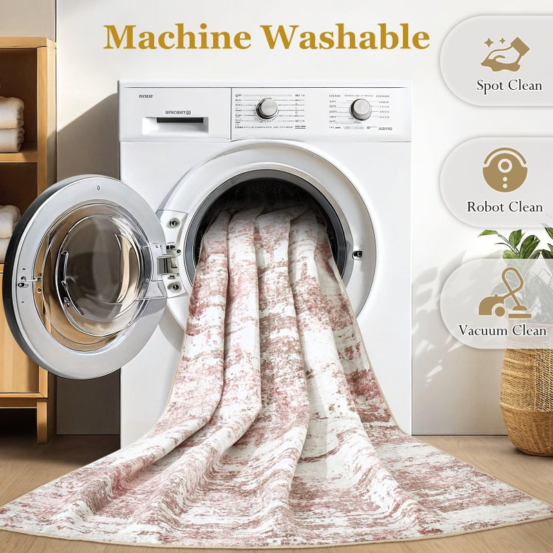 Jessibou Area Rugs for Living Room: 5x7 Abstract Washable Rug Modern Neutral Large Soft Stain Resistant Non-Slip Backing Machine Table for Bedroom Dining Room Indoor Home Office Carpet - Pink - Image 3