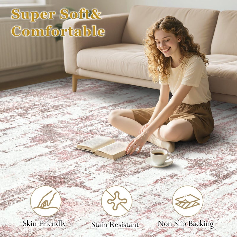Jessibou Area Rugs for Living Room: 5x7 Abstract Washable Rug Modern Neutral Large Soft Stain Resistant Non-Slip Backing Machine Table for Bedroom Dining Room Indoor Home Office Carpet - Pink - Image 5