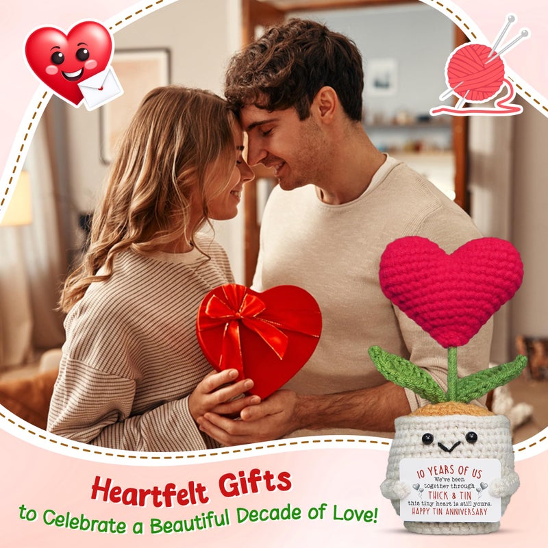 OASSIE Valentines Day Gifts for Her - Heart Flower Pot Crochet with Card - 10 Year Anniversary Wedding Couple Gifts for Men Women Him Her, Husband Wife Gift Ideas - Image 2