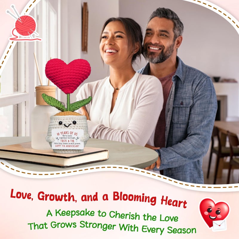 OASSIE Valentines Day Gifts for Her - Heart Flower Pot Crochet with Card - 10 Year Anniversary Wedding Couple Gifts for Men Women Him Her, Husband Wife Gift Ideas - Image 5