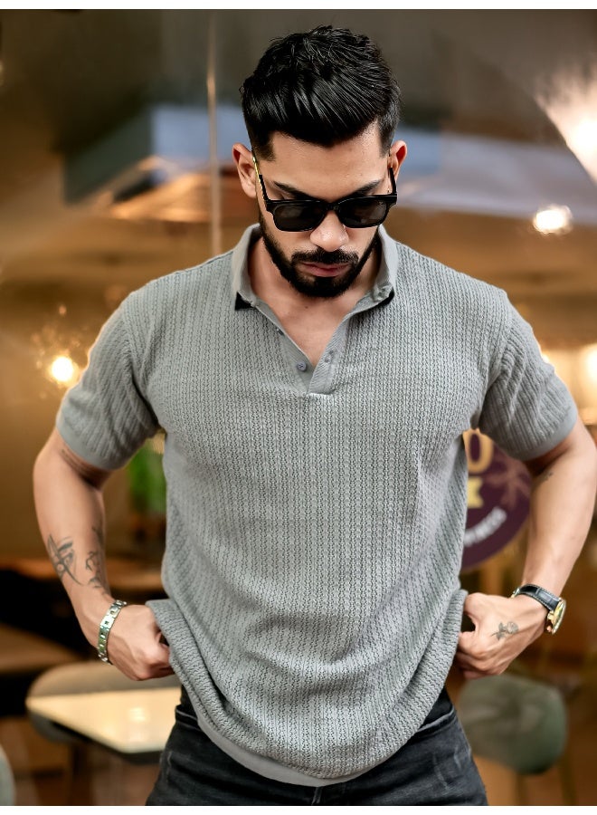 Maniac Mens textured flatknit grey cotton slim fit t-shirt - Image 1