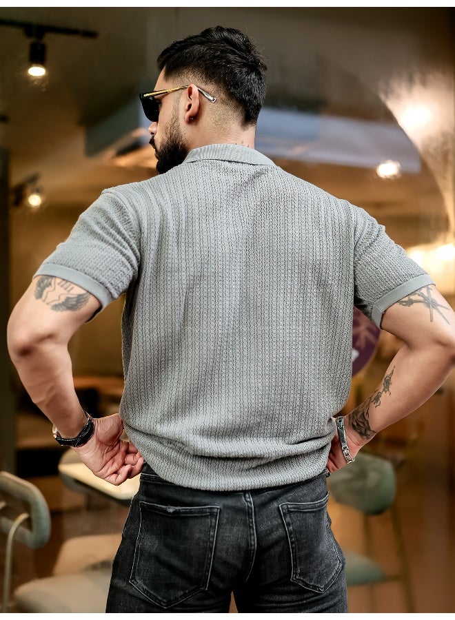 Maniac Mens textured flatknit grey cotton slim fit t-shirt - Image 5