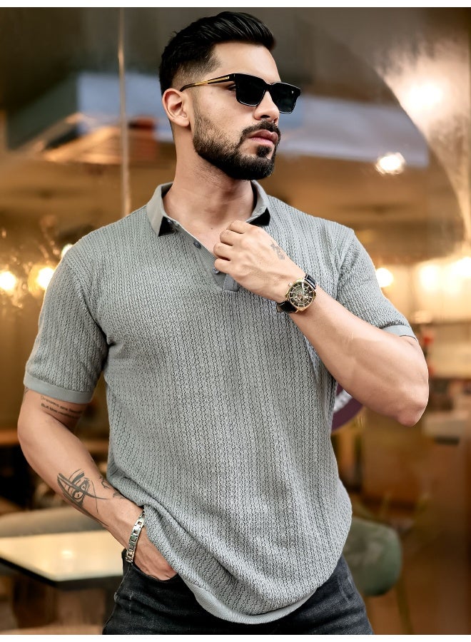 Maniac Mens textured flatknit grey cotton slim fit t-shirt - Image 2