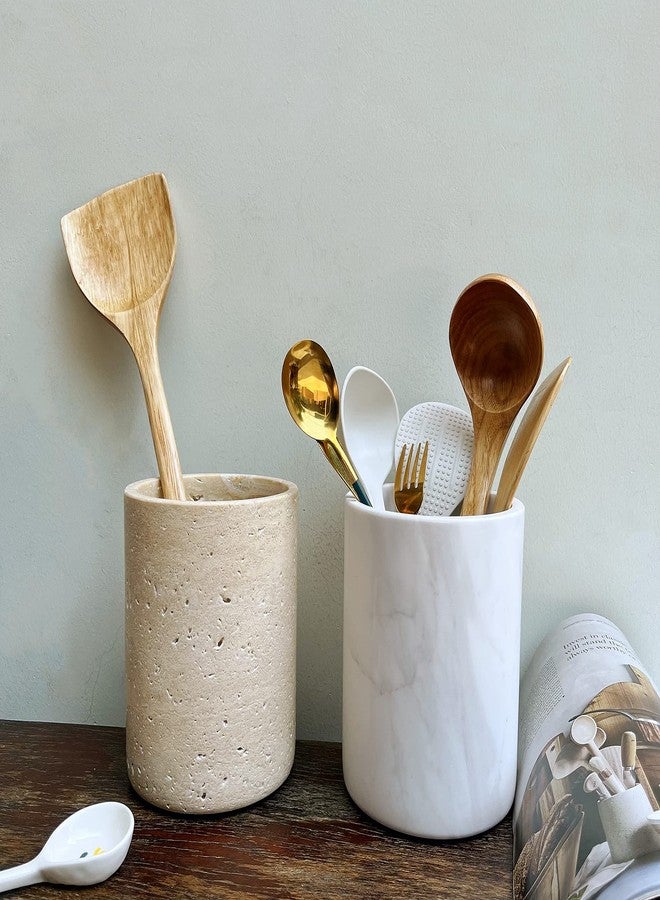 StonePlus Handmand Natural Marble with Holes Stone Vintage Kitchen Utensil Holder - 5.1" D X 6.3" H Kitchen Counter Organizers and Storage Tool Crock (Beige Stone) - Image 2