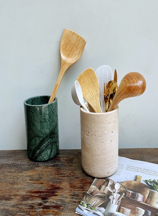 StonePlus Handmand Natural Marble with Holes Stone Vintage Kitchen Utensil Holder - 5.1" D X 6.3" H Kitchen Counter Organizers and Storage Tool Crock (Beige Stone) - Image 4