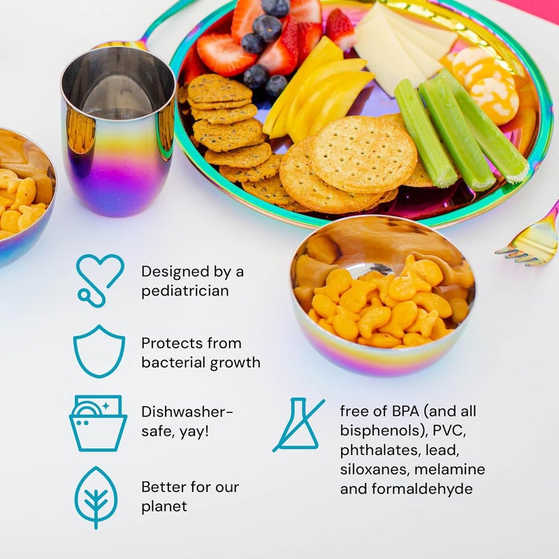 Ahimsa Stainless Steel Plates for Kids, 9" Colorful Stainless Steel Plates, Pediatrician Designed & Non Toxic, Unbreakable, Dishwasher Safe, Set of 4 Rainbow - Image 3