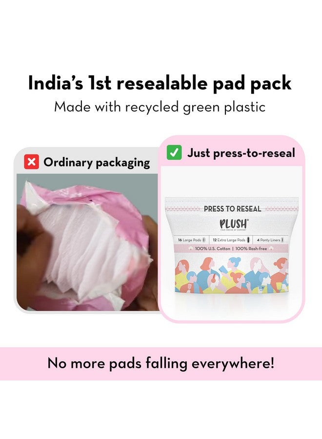 Plush Ultra-Thin Sanitary Pads For Women 28 Pcs | Super Saver Pack | 16 L (Light Flow), 12 Xl (Medium Flow), 4 Panty Liners | 100% Rash-Free | Pure U.S. Cotton Pads | Resealable Pad Packaging | Affordable - Image 5