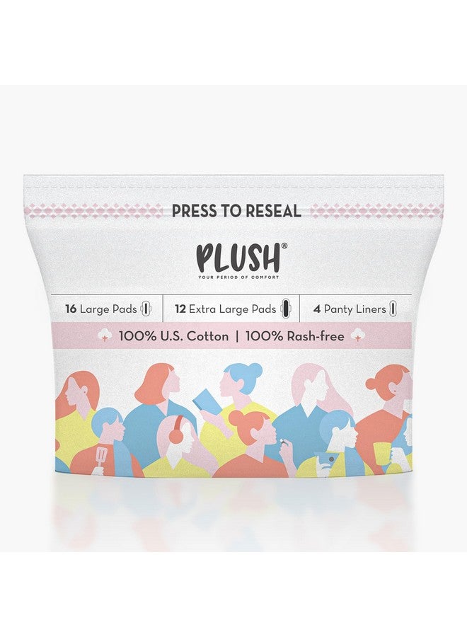 Plush Ultra-Thin Sanitary Pads For Women 28 Pcs | Super Saver Pack | 16 L (Light Flow), 12 Xl (Medium Flow), 4 Panty Liners | 100% Rash-Free | Pure U.S. Cotton Pads | Resealable Pad Packaging | Affordable - Image 1