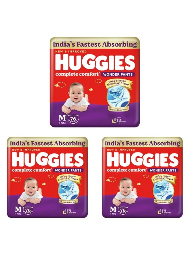 Huggies Complete Comfort Wonder Pants | Pant Style Baby Diapers Medium Size (M), 76 *3 Count | India's Fastest Absorbing Diaper, Prevents Diaper Rash, Ideal for 7 to 12 Kgs (Pack of 3) - Image 1