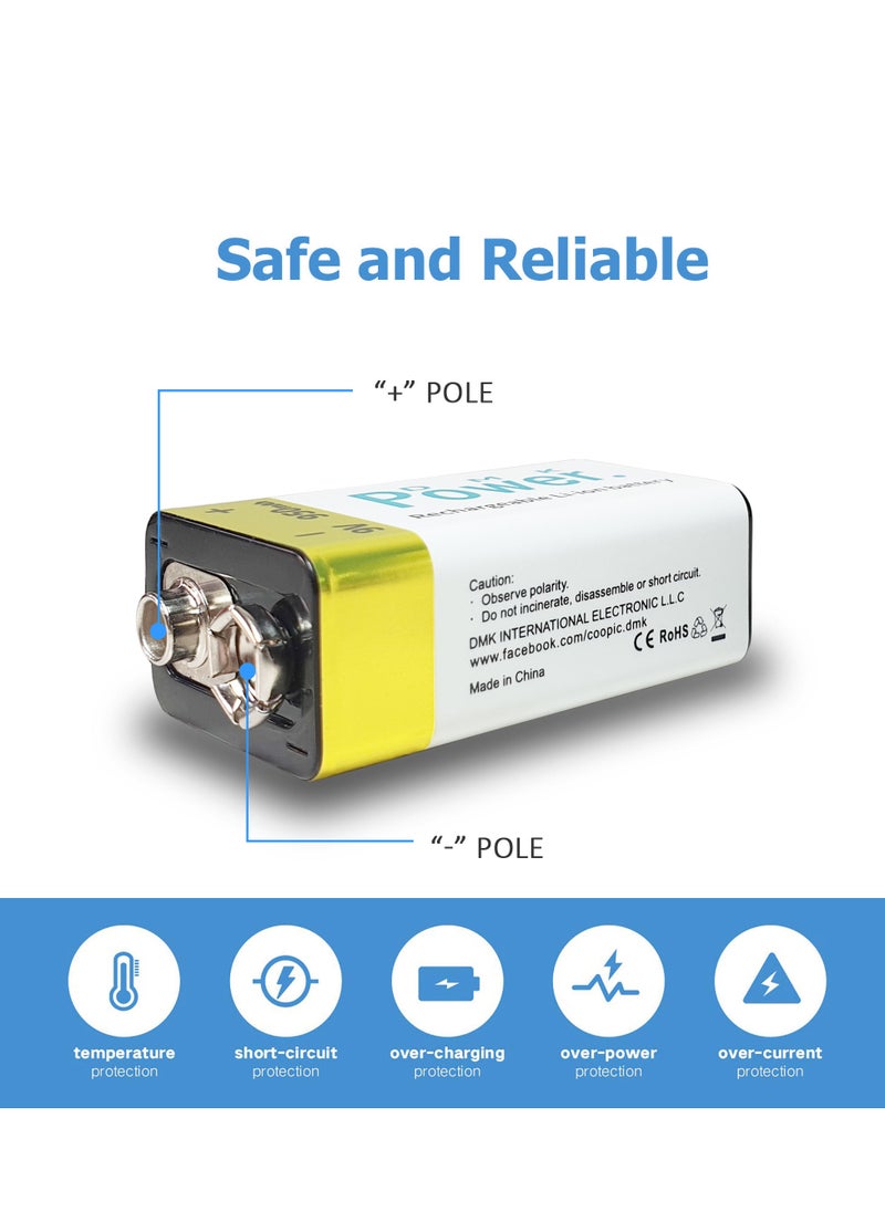 DMK Power DMK Power 9V (950mAh) بطاريات ليثيوم أيون قابلة لإعادة الشحن مع صندوق حماية البطارية قطعتان وشاحن USB صغير TC9 قطعة واحدة متوافقة مع بطارية ليثيوم أيون 9 فولت، Ni-MH، Ni-CD القابلة لإعادة الشحن  - Image 3