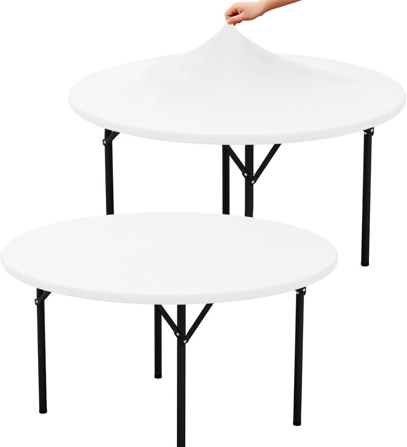 misaya 2 Packs Round Spandex Tablecloths, Stretch Elastic Tablecloth Cover Fitted for 36"-44" Round Tables, Waterproof Polyester Washable Table Cloth for Dining, Party, Outdoor and Indoor, White - Image 1