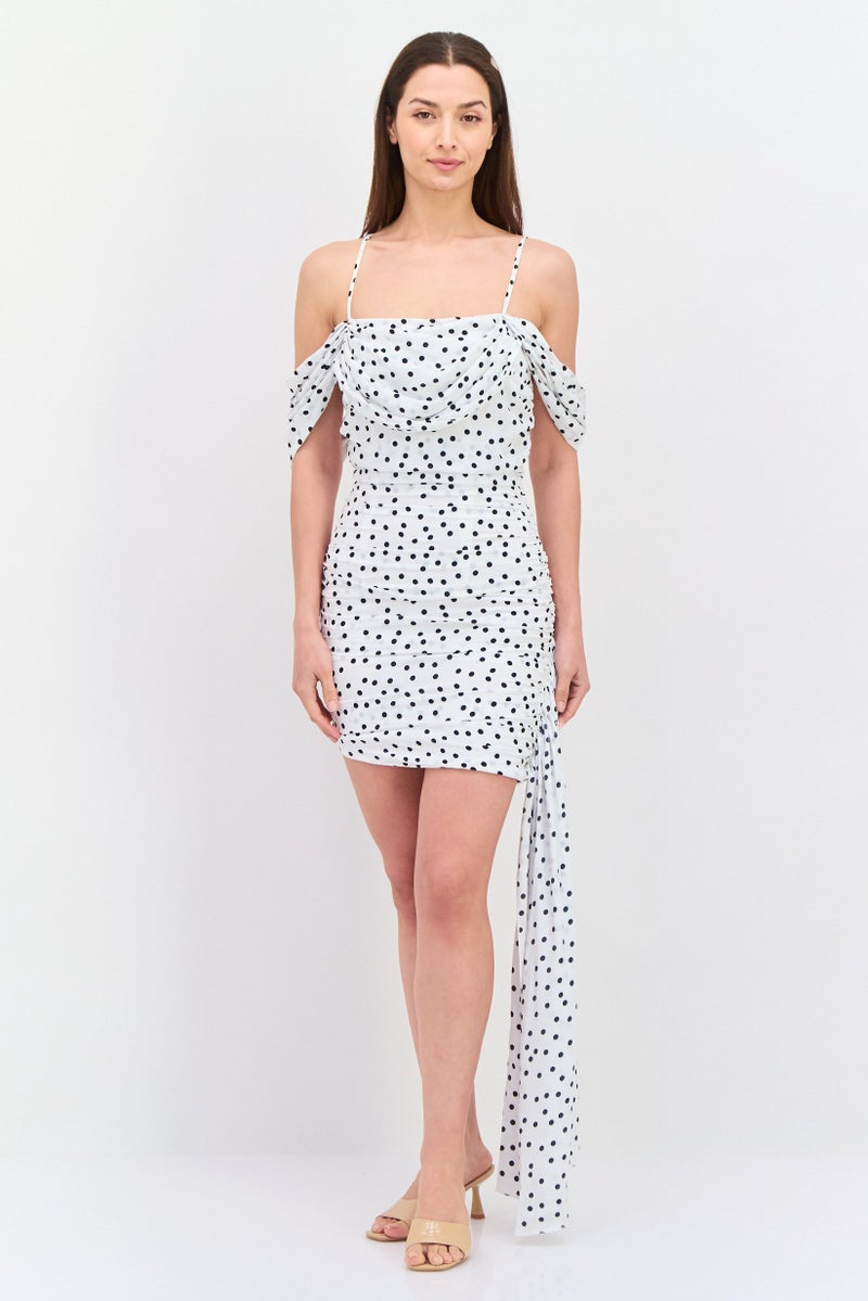 In the style Women Polka Dots Ruched Mini Casual Dress, White - Image 1